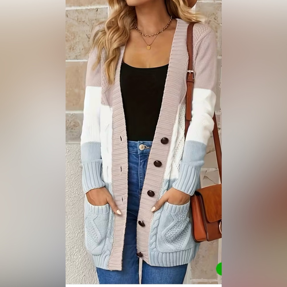 Colorblock Cable Knit Cardigan Sweater